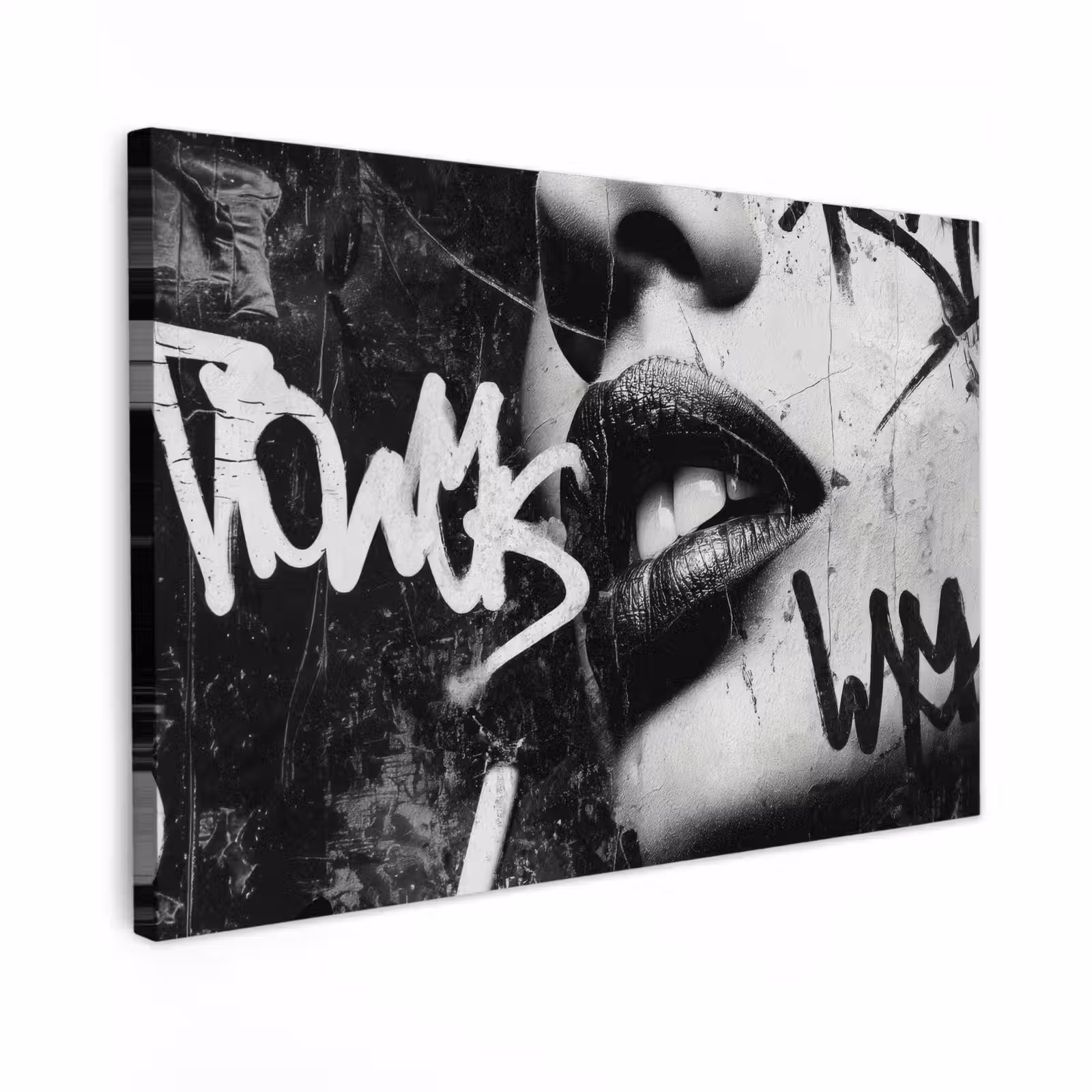 Canvas schilderij - Gezicht - Mond - Graffiti - Zwart — 1