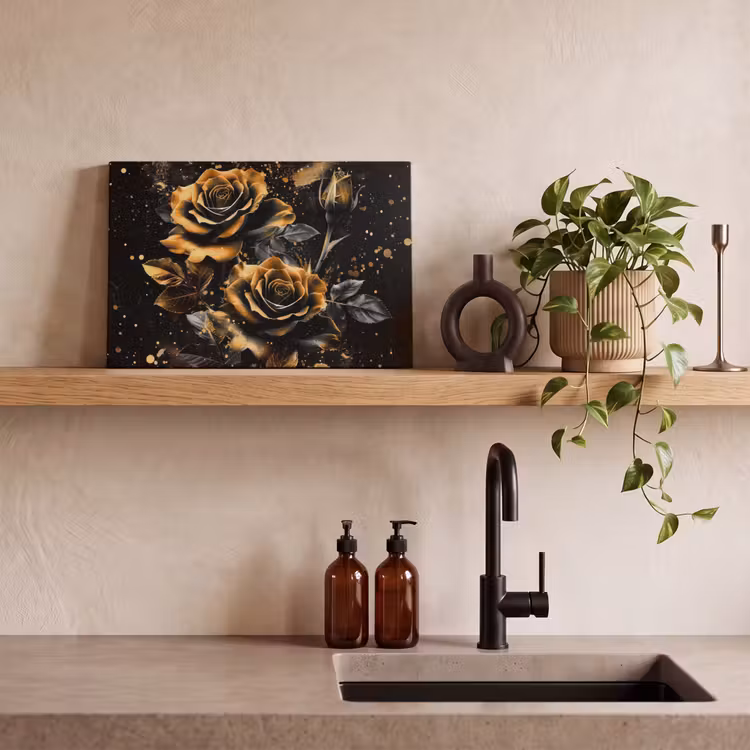 Canvas schilderij - Bloemen - Goud - Zwart - Kunst — 3