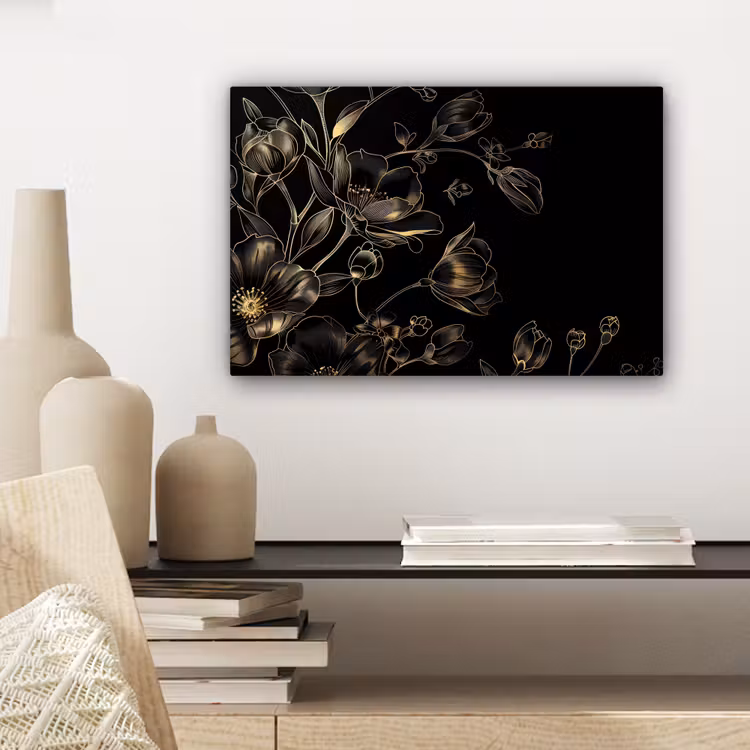 Canvas schilderij - Bloemen - Kunst - Goud - Zwart — 5