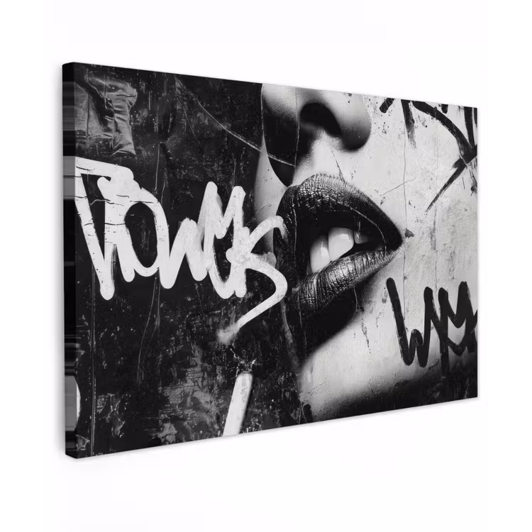Canvas schilderij - Gezicht - Mond - Graffiti - Zwart — 1
