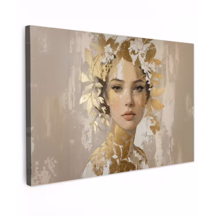 Canvas schilderij - Gezicht - Vrouw - Bladeren - Goud — 1