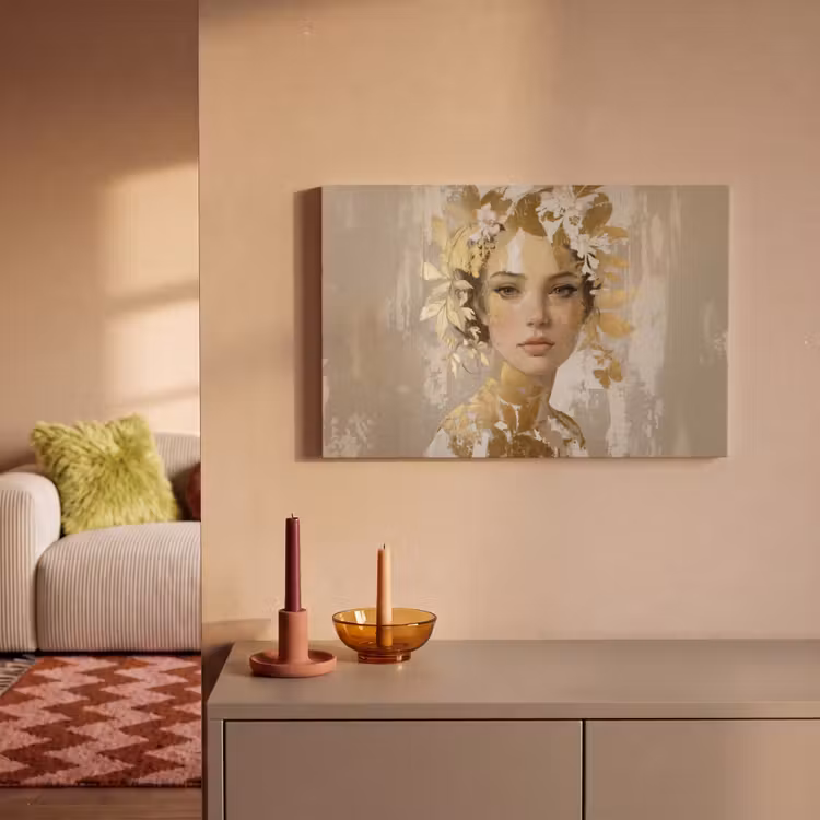 Canvas schilderij - Gezicht - Vrouw - Bladeren - Goud — 2