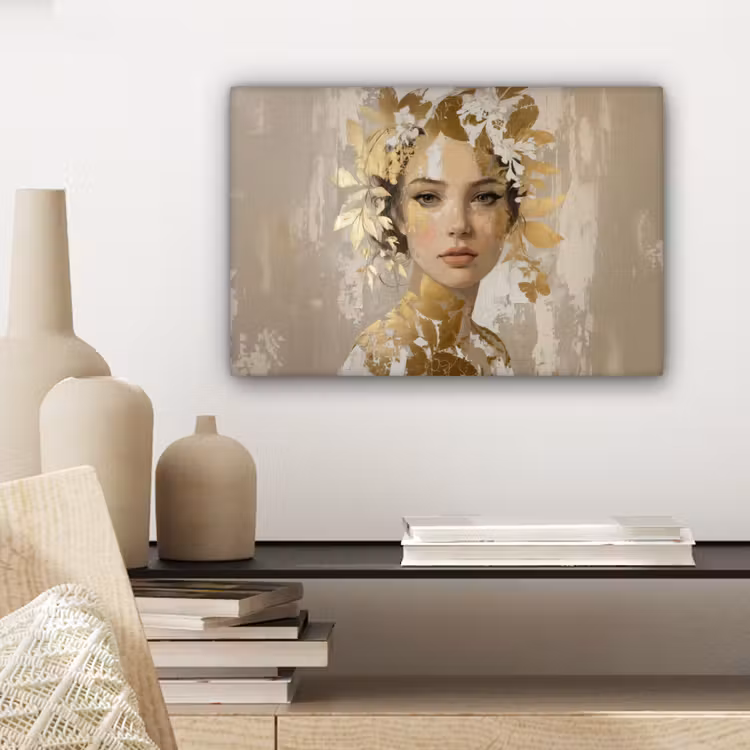 Canvas schilderij - Gezicht - Vrouw - Bladeren - Goud — 5