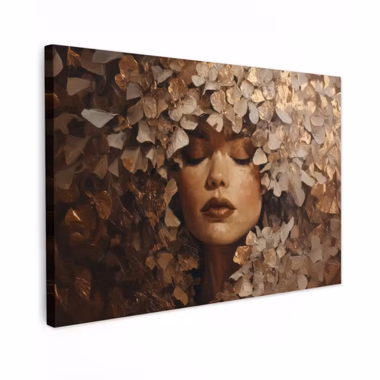 Canvas schilderij - Gezicht - Vrouwe - Bladeren - Penseelstreken — 1
