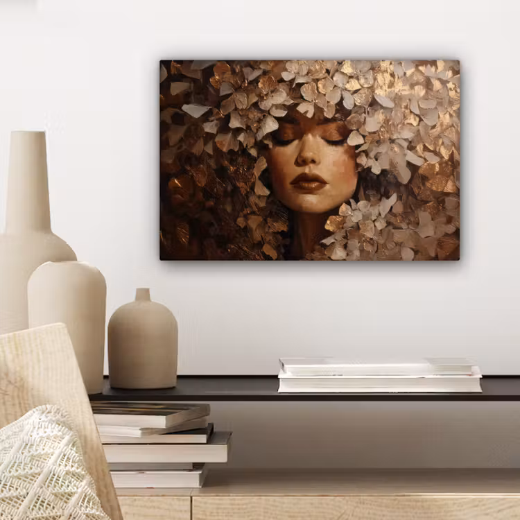 Canvas schilderij - Gezicht - Vrouwe - Bladeren - Penseelstreken — 5