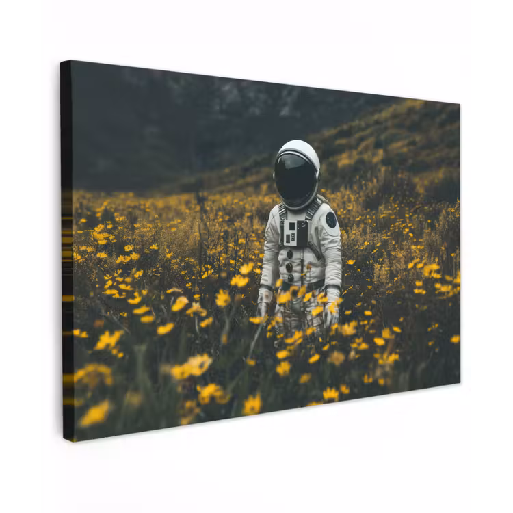 Canvas schilderij - Astronaut - Bloemen - Veld - Geel — 1