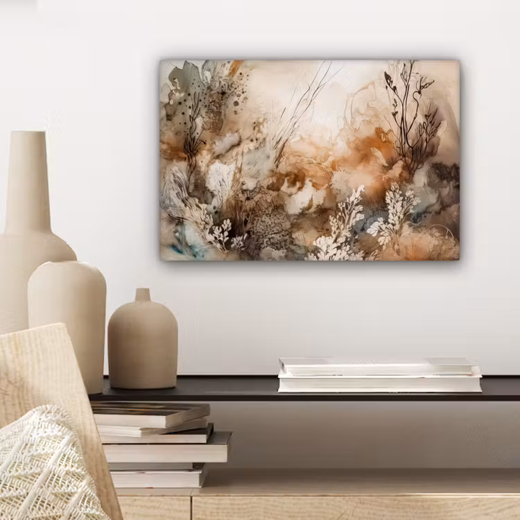Canvas schilderij - Abstract - Beige - Verf - Kunst - Natuur - Bloemen — 5