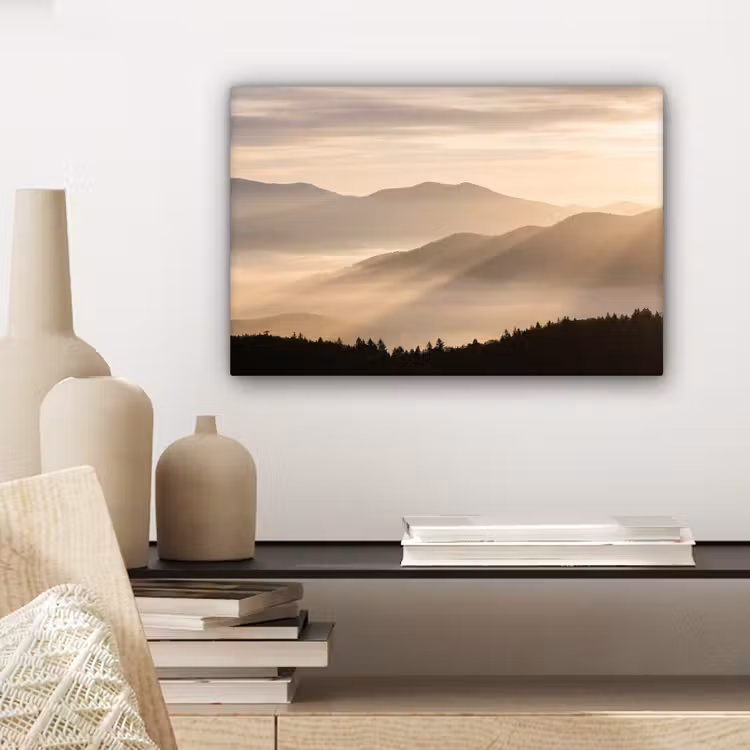 Canvas schilderij - Bergen - Mist - Zonnestralen — 5