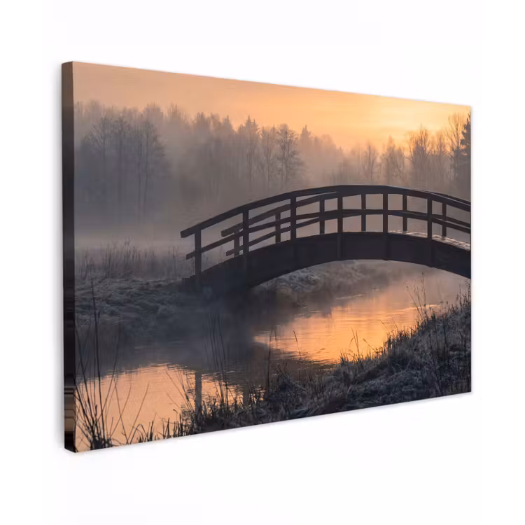 Canvas schilderij - Brug - Mist - Bomen - Water — 1