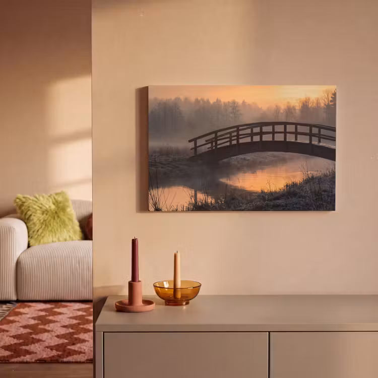 Canvas schilderij - Brug - Mist - Bomen - Water — 2
