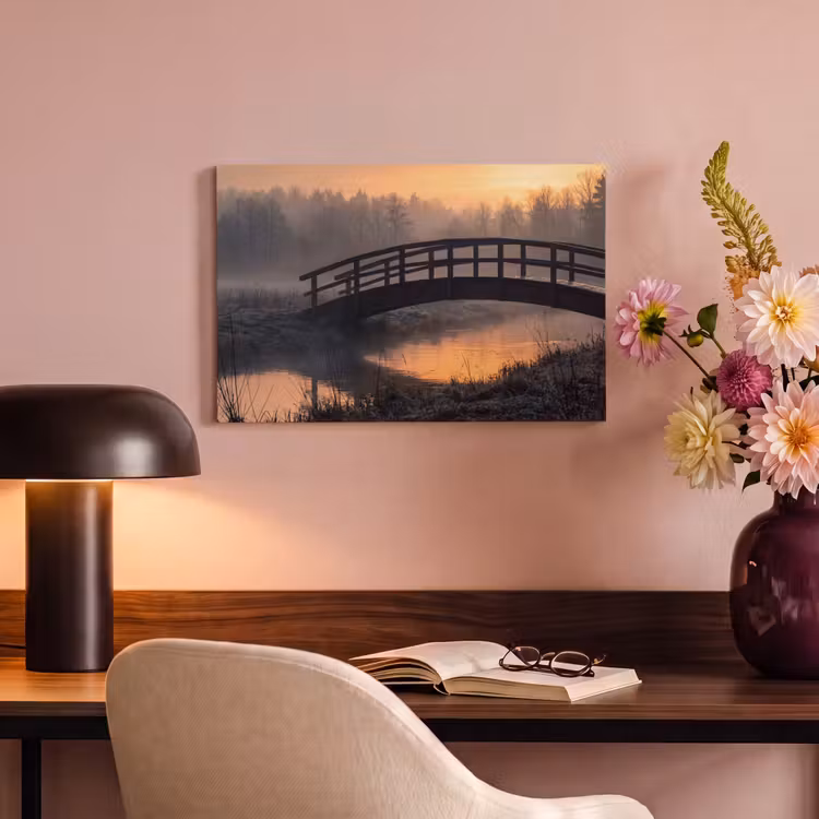 Canvas schilderij - Brug - Mist - Bomen - Water — 4