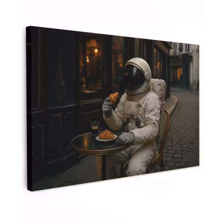 Canvas schilderij - Café - Croissant - Koffie - Astronaut — 1