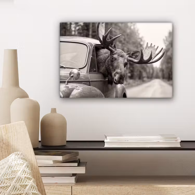 Canvas schilderij - Eland - Auto - Gewei - Zwart - Wit — 5