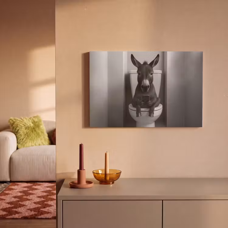 Canvas schilderij - Ezel - Telefoon - Toilet - Zwart - Wit — 2