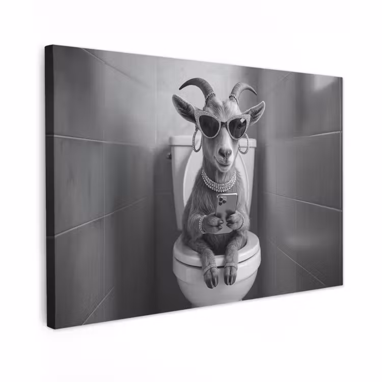 Canvas schilderij - Geit - Telefoon - Toilet - Zwart - Wit — 1