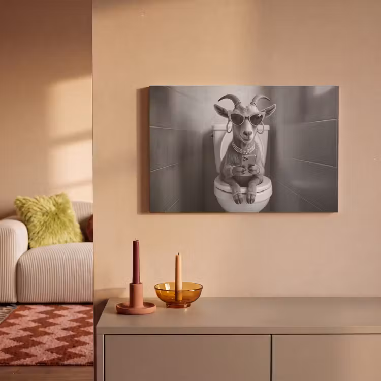 Canvas schilderij - Geit - Telefoon - Toilet - Zwart - Wit — 2