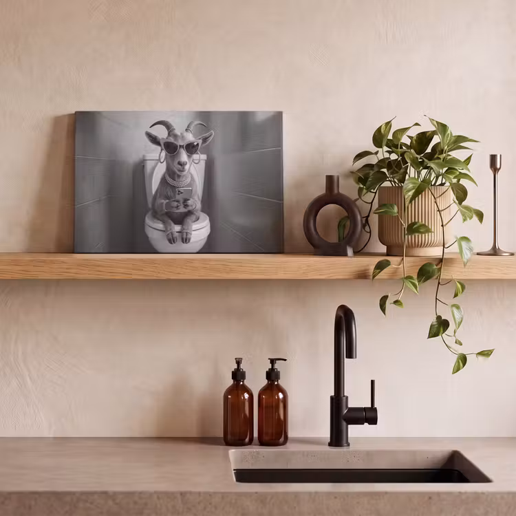 Canvas schilderij - Geit - Telefoon - Toilet - Zwart - Wit — 3