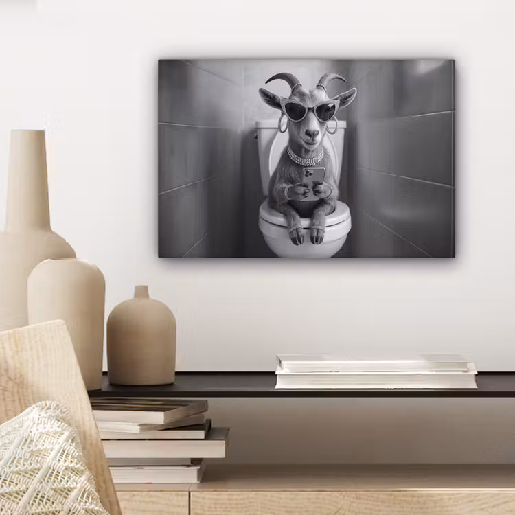 Canvas schilderij - Geit - Telefoon - Toilet - Zwart - Wit — 5