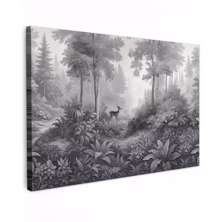 Canvas schilderij - Bos - Hert - Zwart - Wit — 1