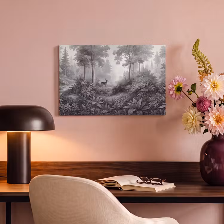 Canvas schilderij - Bos - Hert - Zwart - Wit — 4