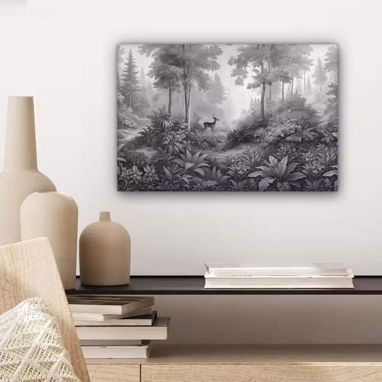 Canvas schilderij - Bos - Hert - Zwart - Wit — 5