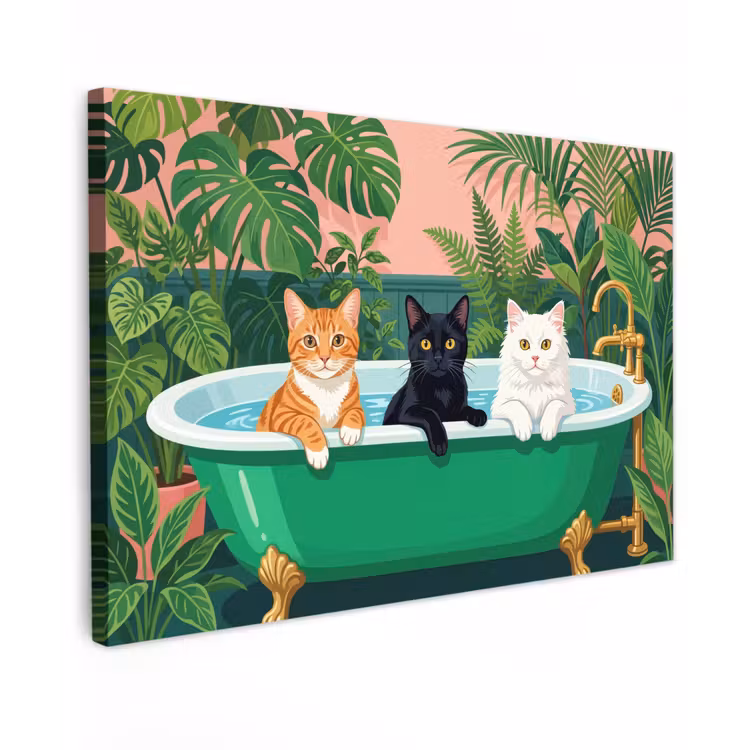Canvas schilderij - Badkamer - Kattenparade - Kleurrijk — 1