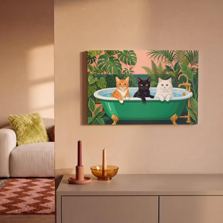 Canvas schilderij - Badkamer - Kattenparade - Kleurrijk — 2