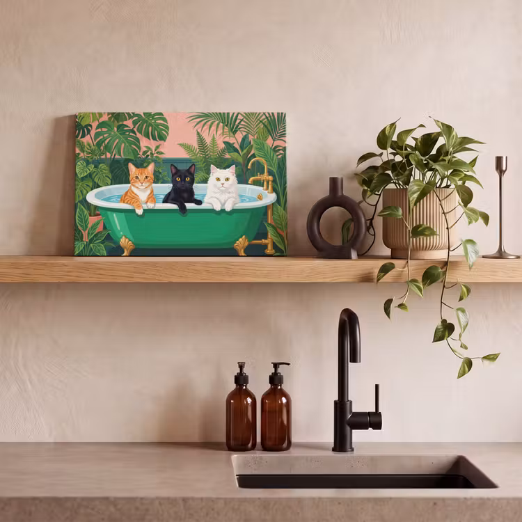 Canvas schilderij - Badkamer - Kattenparade - Kleurrijk — 3