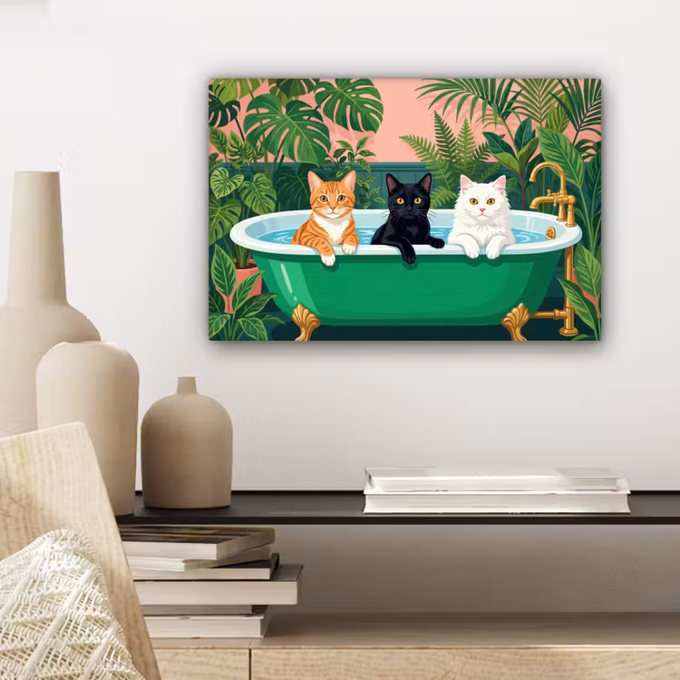 Canvas schilderij - Badkamer - Kattenparade - Kleurrijk — 5