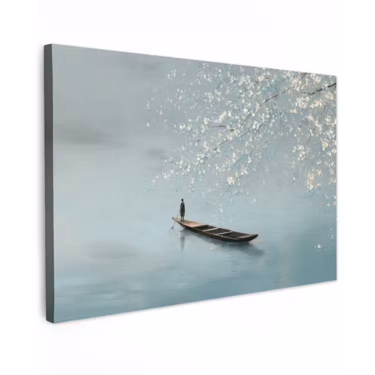 Canvas schilderij - Bloesems - Minimalistisch - Wateroppervlak - Boot — 1