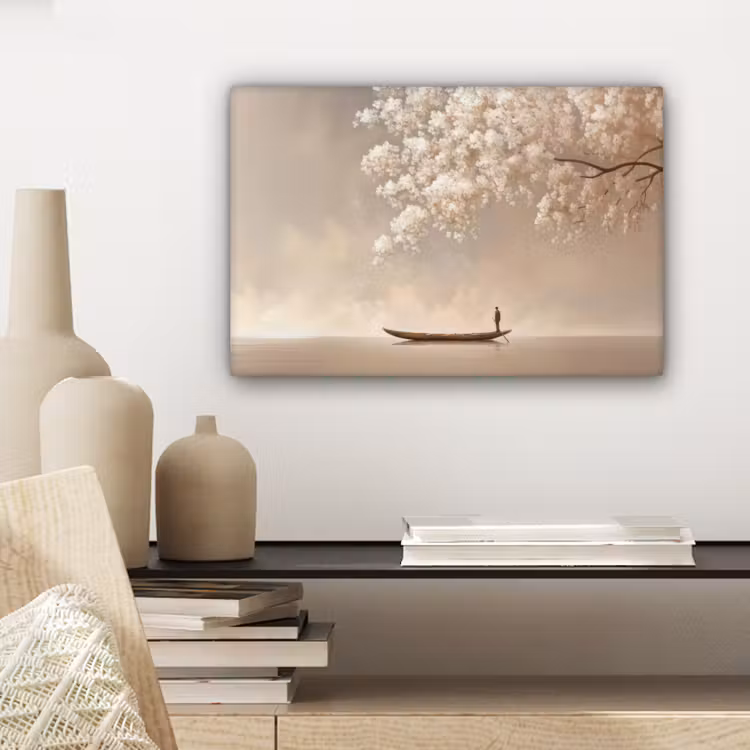 Canvas schilderij - Bloesems - Wit - Boot - Minimalistisch — 5