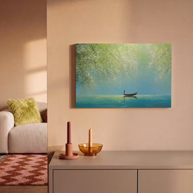 Canvas schilderij - Bootje - Water - Bladeren - Bloesems — 2