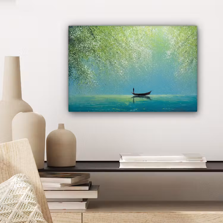 Canvas schilderij - Bootje - Water - Bladeren - Bloesems — 5