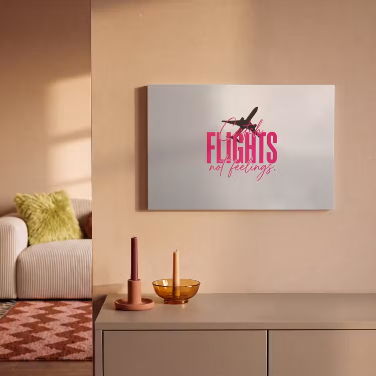 Canvas schilderij - Catch flights not feelings - Vliegtuig - Roze — 2