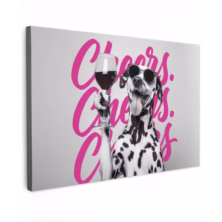 Canvas schilderij - Cheers - Hond - Roze - Wijn — 1