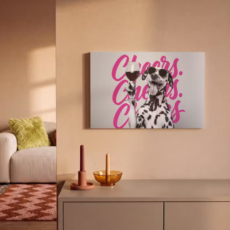 Canvas schilderij - Cheers - Hond - Roze - Wijn — 2