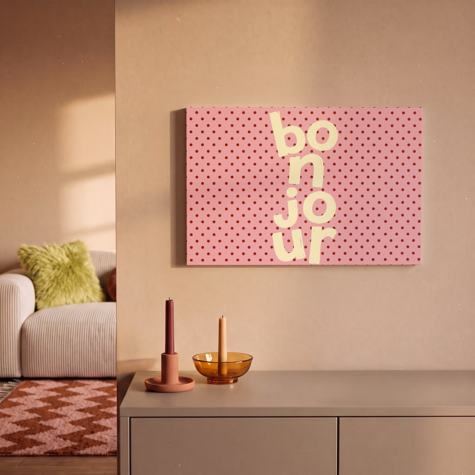 Canvas schilderij - Bonjour - Stippen - Roze- Geel — 1