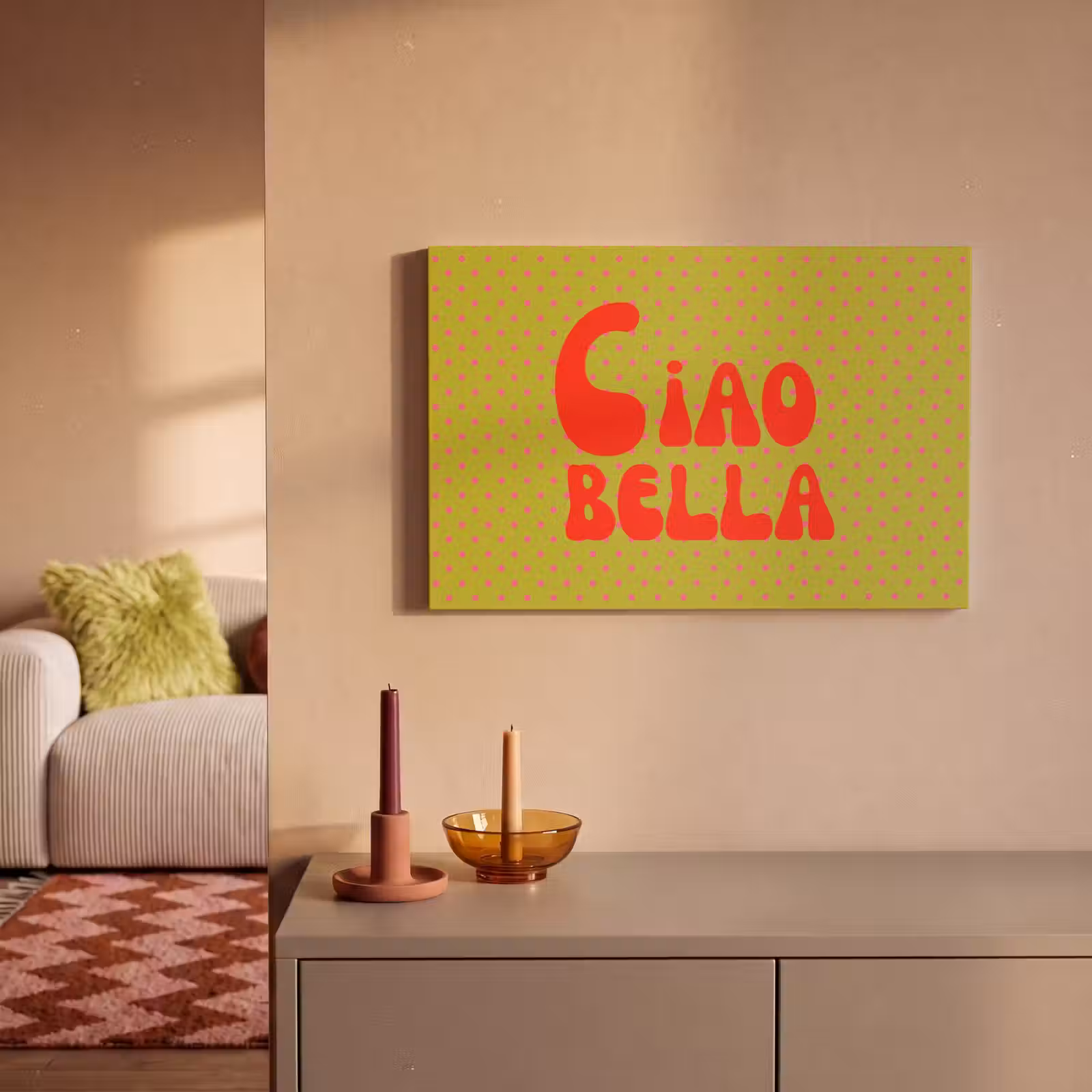Canvas schilderij - Ciao bella - Rood - Groen - Stippen — 1