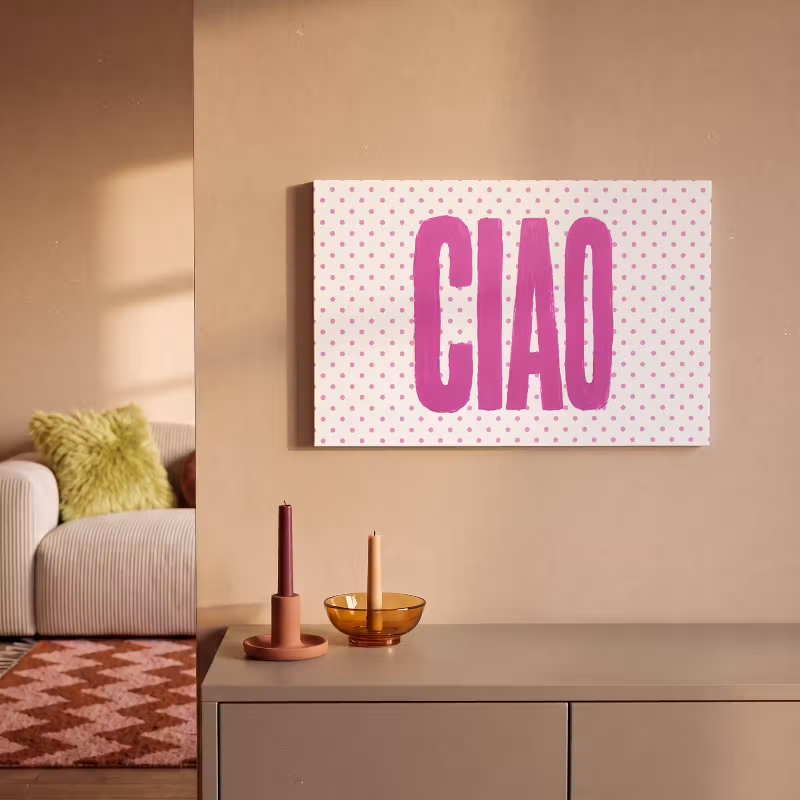 Canvas schilderij - Ciao - Stippen - Roze - Wit — 1