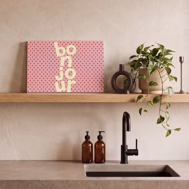 Canvas schilderij - Bonjour - Stippen - Roze- Geel — 2