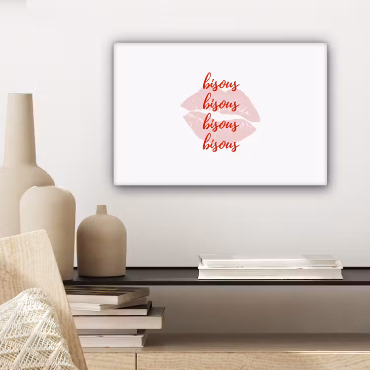 Canvas schilderij - Bisous - Lip - Wit - Rood — 5