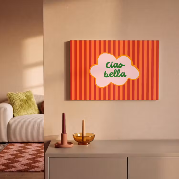 Canvas schilderij - Ciao bella - Tekstwolk - Strepen - Oranje — 2