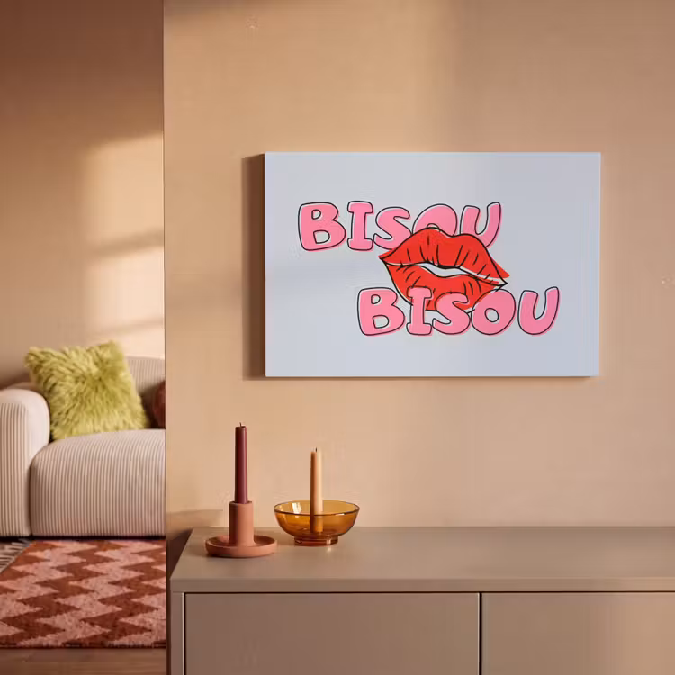 Canvas schilderij - Bisou - Blauw - Roze - Lippen — 1