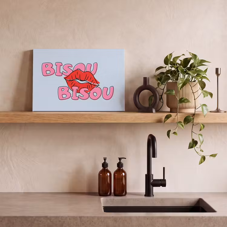 Canvas schilderij - Bisou - Blauw - Roze - Lippen — 2
