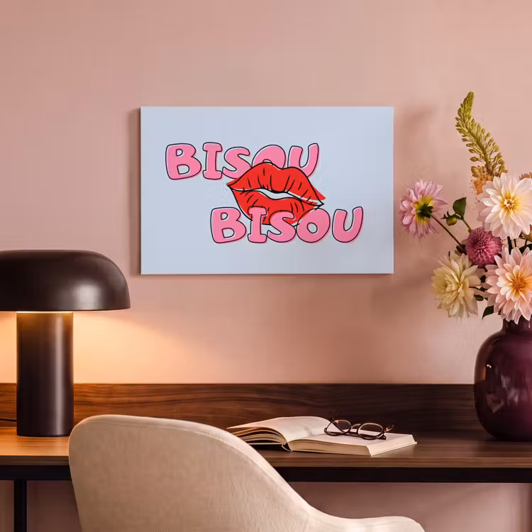 Canvas schilderij - Bisou - Blauw - Roze - Lippen — 3