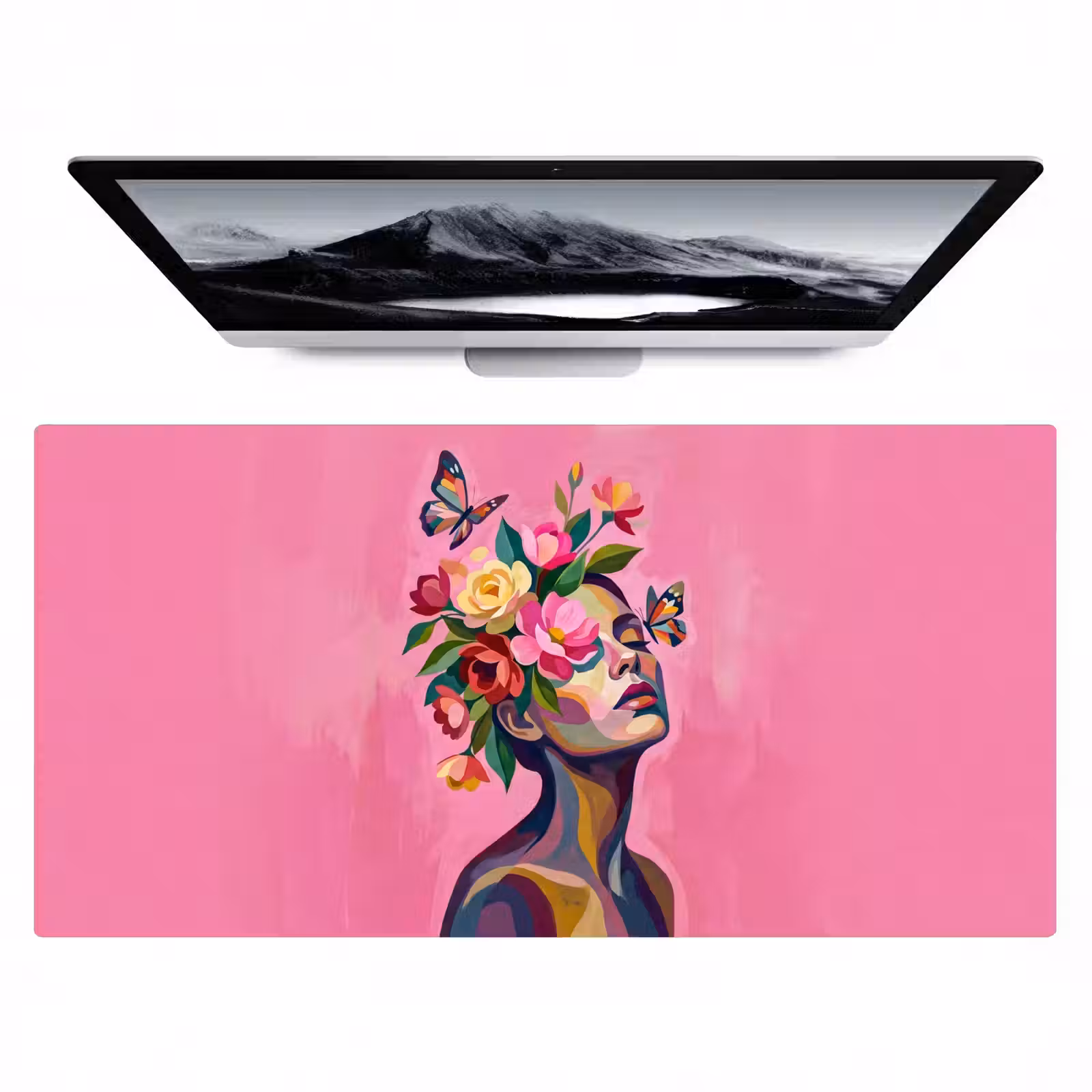 Bureau onderlegger - Vrouwengezicht - Vlinders - Kleurrijk — 1