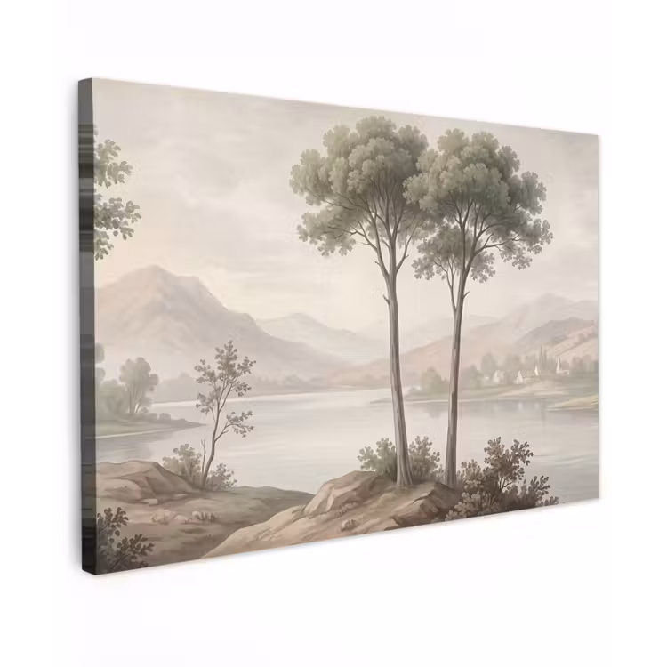 Canvas schilderij - Bomen - Meer - Bergen - Illustratie — 1