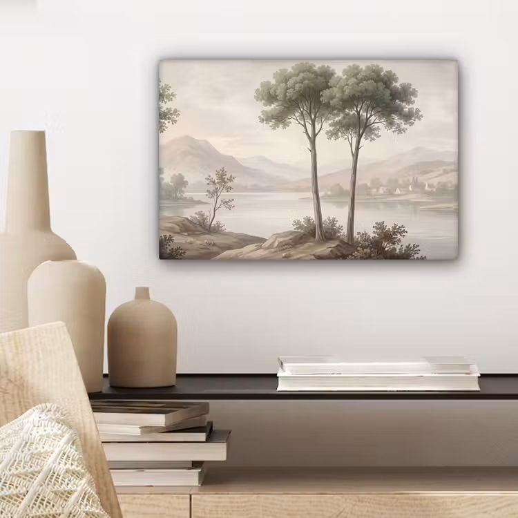 Canvas schilderij - Bomen - Meer - Bergen - Illustratie — 5