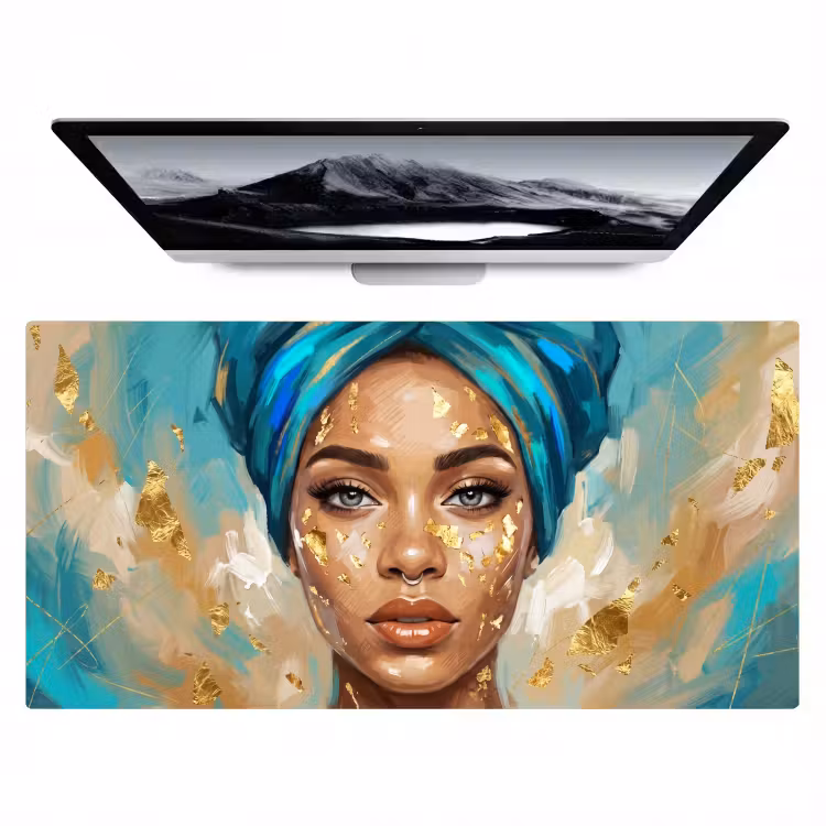 Bureau onderlegger - Portret - Vrouw - Schilderij - Blauw - Goud - Expressief — 1
