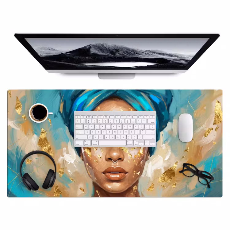 Bureau onderlegger - Portret - Vrouw - Schilderij - Blauw - Goud - Expressief — 4